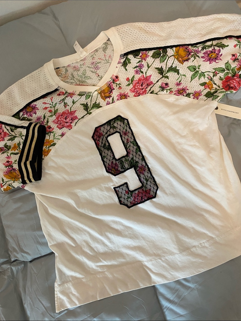 Anthropologie daily practice elevated Floral and lace PatchworkTee - White